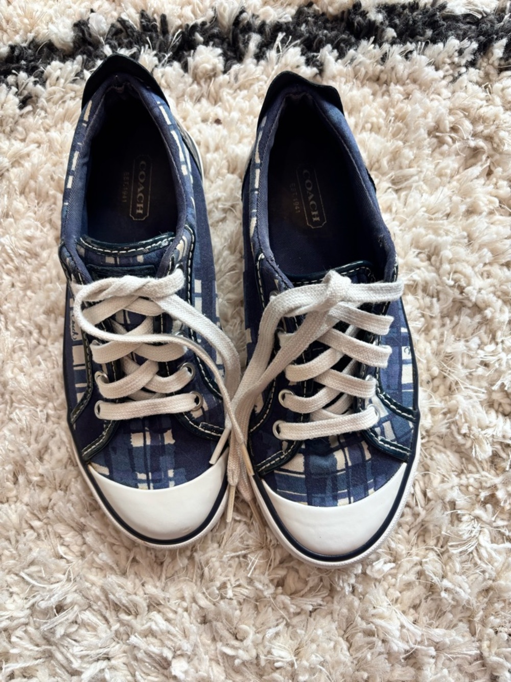 Coach Barrett Blue Plaid Canvas Lace Up Sneakers Women’s Size 6B
